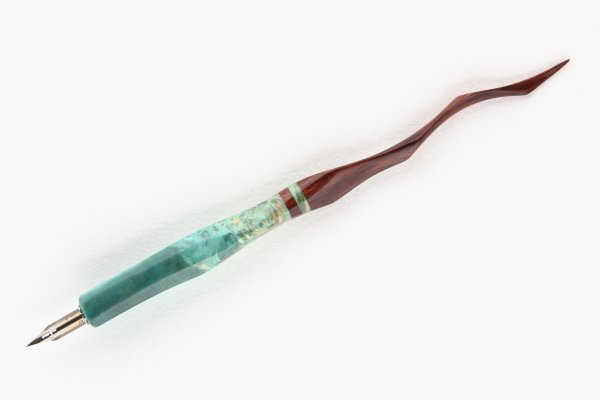 Hand carved straight pen holder made of Stabilized Maple Burl and Honduran Rosewood