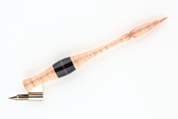 Oblique pen holder made of curly American Maple, African Ebony and stabilized Box Elder Burl